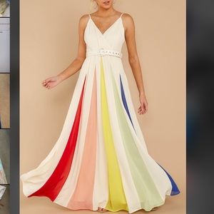 Cream and rainbow pleated maxi dress
